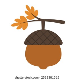 Acorn cartoon. Brown acorn cartoon. Autumn cartoon. Digital art illustration.