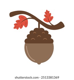 Acorn cartoon. Brown acorn cartoon. Autumn cartoon. Digital art illustration.