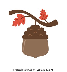 Acorn cartoon. Brown acorn cartoon. Autumn cartoon. Digital art illustration.