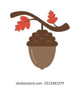 Acorn cartoon. Brown acorn cartoon. Autumn cartoon. Digital art illustration.