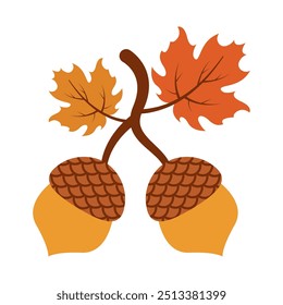 Acorn cartoon. Brown acorn cartoon. Autumn cartoon. Digital art illustration.