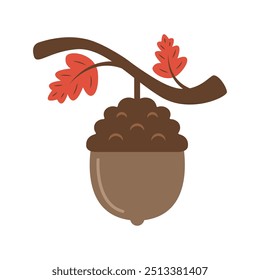 Acorn cartoon. Brown acorn cartoon. Autumn cartoon. Digital art illustration.