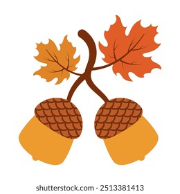 Acorn cartoon. Brown acorn cartoon. Autumn cartoon. Digital art illustration.