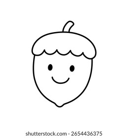 Personagem de desenho animado com um sorriso feliz e amigável em uma ilustração de linha alegre, apresentando um ícone de noz delicioso perfeito para temas de outono e projetos inspirados na natureza