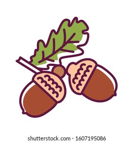 Acorn color line icon. Oak branch with leaves. Pictogram for web page, mobile app, promo. UI UX GUI design element. Editable stroke.