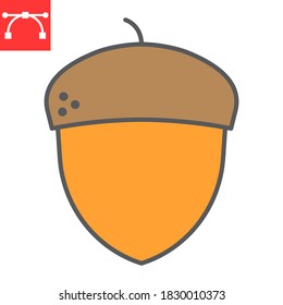 Acorn Color Line Icon, Thanksgiving And Oak Seed, Oak Nut Sign Vector Graphics, Editable Stroke Filled Outline Icon, Eps 10