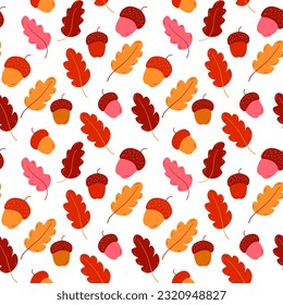 Acorn and color oak leaves pattern, autumn, vector graphics. Vector illustration on a white background, eps 10.