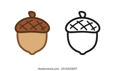 Acorn colored and outline line art set. Vector illustration for coloring page and art books for adults and kids.