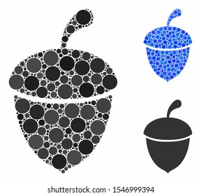 Acorn composition of filled circles in various sizes and color tinges, based on acorn icon. Vector small circles are composed into blue collage. Dotted acorn icon in usual and blue versions.