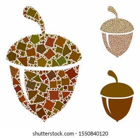 Acorn composition of raggy pieces in variable sizes and color tinges, based on acorn icon. Vector irregular pieces are organized into composition. Acorn icons collage with dotted pattern.