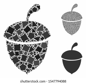 Acorn composition of rough parts in variable sizes and color hues, based on acorn icon. Vector rough dots are combined into collage. Acorn icons collage with dotted pattern.