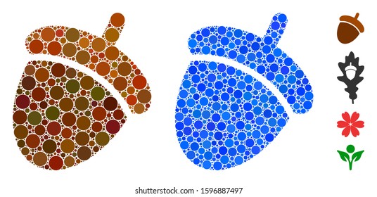 Acorn composition of small circles in various sizes and color hues, based on acorn icon. Vector small circles are combined into blue mosaic. Dotted acorn icon in usual and blue versions.