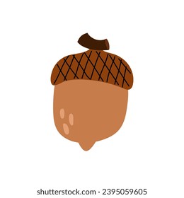 Acorn in flat style. Hand drawn drawing of a ripe oak acorn.