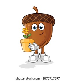 acorn with a flower pot illustration. character vector