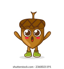 acorn fruit raise hands up. Illustration of a cute acorn character who is pleased with both hands raised