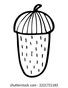 An acorn hand-drawn in the doodle style. Vector isolated drawing for stickers, decor, postcards, badges, coloring books. Oak fruit in stripes and strokes