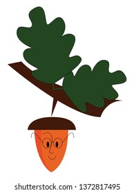 An acorn hanging from a brown branch with two green leaves has two eyes a nose a mouth and is wearing glasses vector color drawing or illustration 
