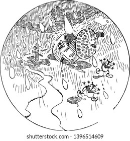 Acorn Home this scene shows heavy rain and many ants coming out from their flooding acorn home and running vintage line drawing or engraving illustration 