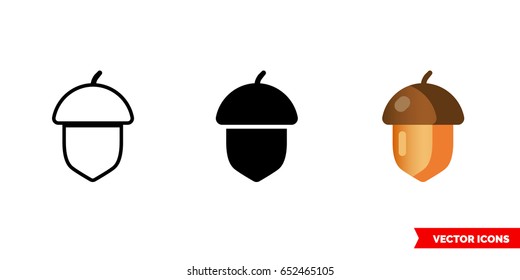 Acorn icon of 3 types: color, black and white, outline. Isolated vector sign symbol.