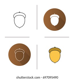 Acorn icon. Flat design, linear and color styles. Oak fruit. Isolated vector illustrations
