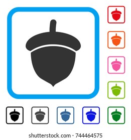 Acorn icon. Flat grey iconic symbol inside a blue rounded rectangular frame. Black, gray, green, blue, red, orange color variants of Acorn vector. Designed for web and software interfaces.
