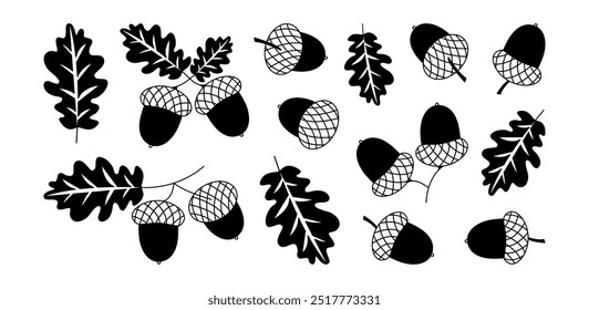 Acorn icon, forest oak nut, autumn or winter leaf and branch. Christmas and New Year decoration set. Nature simple black silhouette isolated on white background. Xmas vector illustration