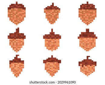 Acorn icon set isoleted on white background. 8 bit acorn icon in 2D retro style, oak symbol. Retro design for printing, wrapping paper and advertising. Vector illustration