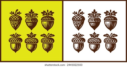acorn icon set Oak nut Oak seed Oak apple collection Vector illustration