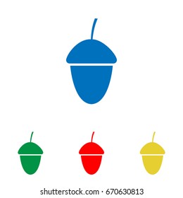 Acorn icon. Vector. Big blue flat icon with red, green and yellow small icons at white background. Isolated.