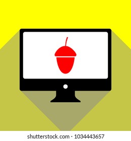 Acorn icon. Vector. Red icon on white monitor of black all-in-one desktop computer with two shadows at yellow background.