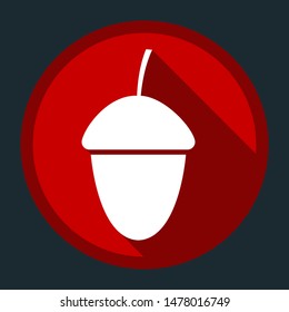 Acorn icon. White icon with shadow on round red button at dark cyan background. Illustration.