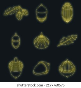 Acorn icons set. Isometric set of acorn vector icons neon color on black