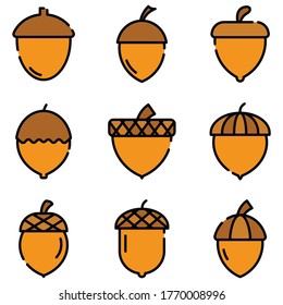 Acorn icons set. Outline set of acorn vector icons thin line color flat on white