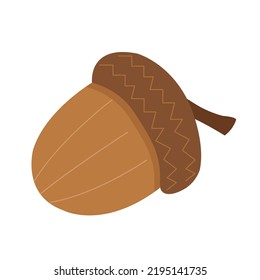 Acorn illustration with oak leaves and branches. Isolated vector nut from oak tree.