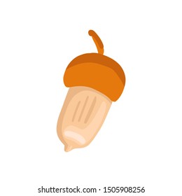 Acorn isolated on white background. Symbol of autumn. Element for logo or banner. Oak nut. Flat style cartoon vector illustration.