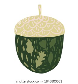 Acorn isolated on white background. Autumn acorn green color with flowers and leaves hand drawn in doodle style vector illustration.