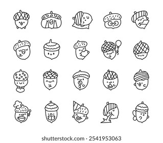 Acorn kawaii cartoon character bundle with cute expressions and emotions for digital clipart illustration and vector art design