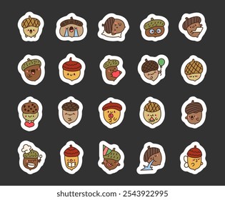 Acorn kawaii cartoon character bundle with cute expressions and emotions for digital clipart illustration and vector art design