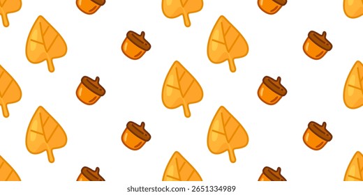 Bolota e Folha Padrão de outono. Folhas amarelas de desenho animado e bolotas marrons espalhadas por um padrão de outono sem costura. Estilo plano em um plano de fundo claro.