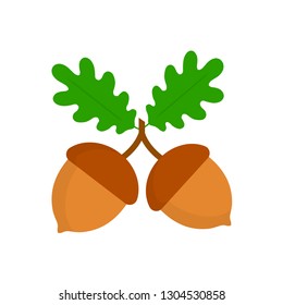Acorn, leaf, oak nut, seed. Made in cartoon flat style. Vector illustration isolated on white background