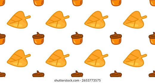 Bolota e Folha Padrão Sem Costura. Folhas de outono brilhantes e bolotas de desenhos animados arranjados em layout sazonal lúdico em fundo branco.