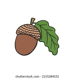 Acorn and leaf, vector icon. Hand drawn print. Sticker design