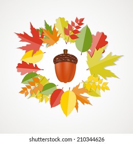 Acorn with Leaves Vector Autumn Illustration