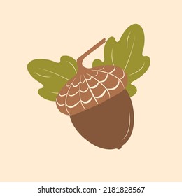 Acorn and Leaves. Vector illustration of a brown acorn with a cap and two green leaves for advertising or print design.