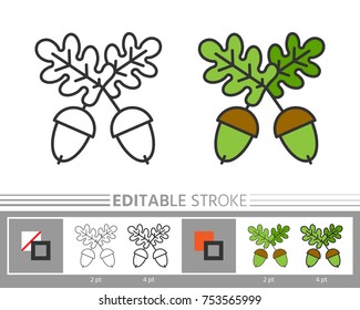 Acorn linear icon. Line without and with color fill. Editable stroke, fill, background. Simple outline sign. Web, print, logo, kids or adult antistress coloring page, book design. Vector illustration