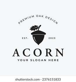 Acorn Logo Design mit verzweigtem Vintage Eichenholz.Logo für Wald, Wirtschaft, Vektorgrafik.