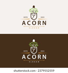 Acorn Logo, Nut Design With Oak Leaves Simple, Templet Illustration Vector