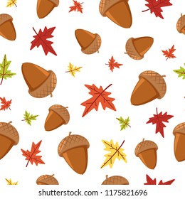 Acorn and maple autumn leaf vector seamless pattern on white background for wallpaper, wrapping, packing, and backdrop.