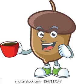 acorn mascot with drinking in cup on white background.