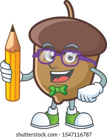 acorn mascot with holding pencil on white background.